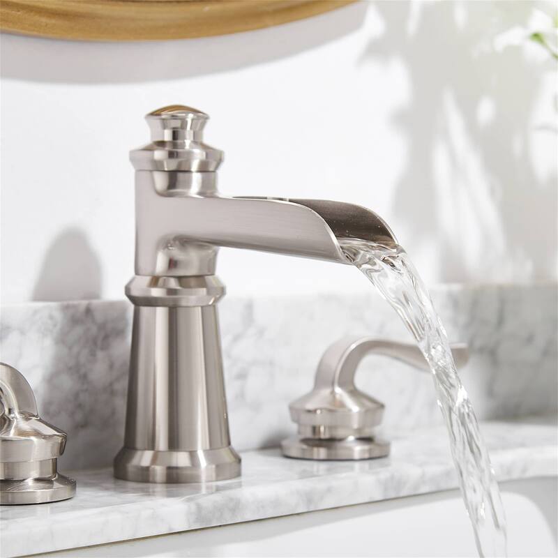 Widespread Waterfall Bathroom Faucet With Drain Assembly 3 Hole Bathroom Sink Faucets Double Handle 8 Inch Basin Vanity Taps