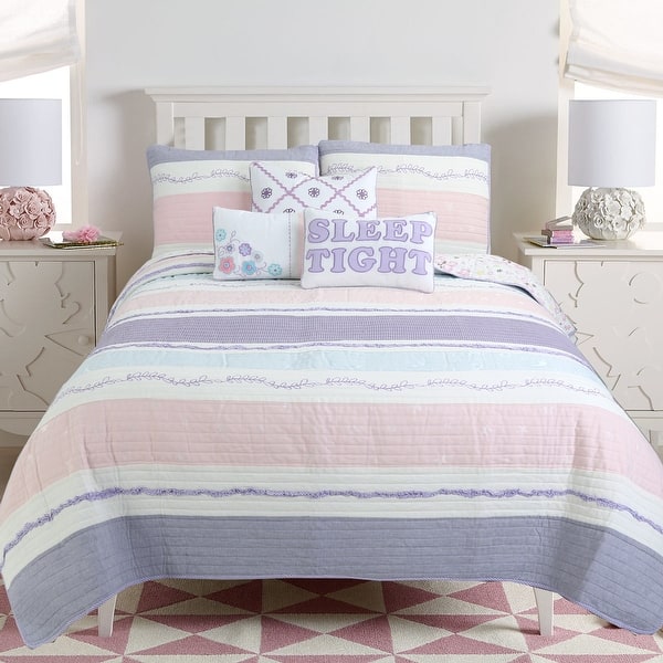 slide 2 of 7, Cozy Line Home Fashions Stripped Floral Vine Star Butterfly Ruffle Embroidered Pink Purple Cotton Quilt Bedding Set