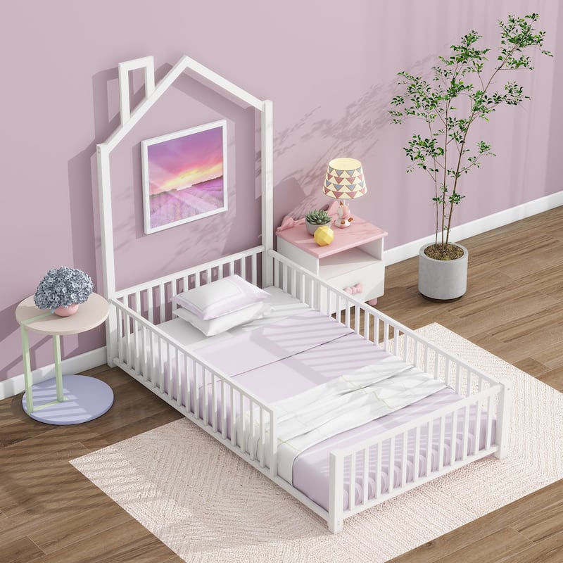 Twin Metal Platform Bed with Guardrails & Chimney Design - White