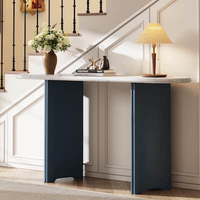 Oval Console Table with Faux Marble Texture Top, Wooden Base Design Entryway Table Hallway Accent Table for Living Room