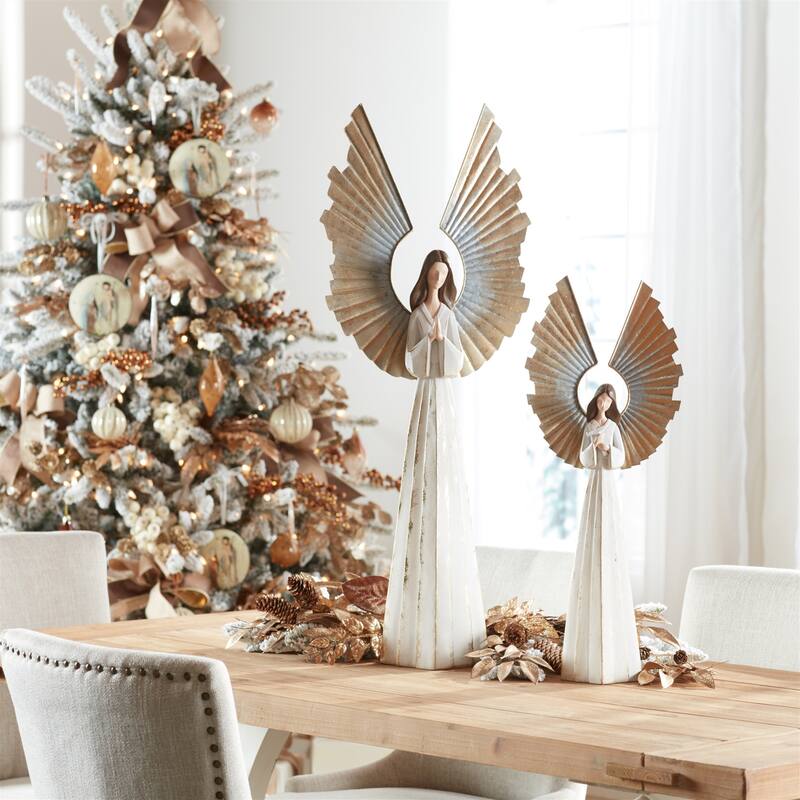 24.75” Tall White and Gold Holiday Angel Statue with Distressed Metal Wings for Mantel or Tabletop - 9.75”L x 4.5”W x 24.75”H