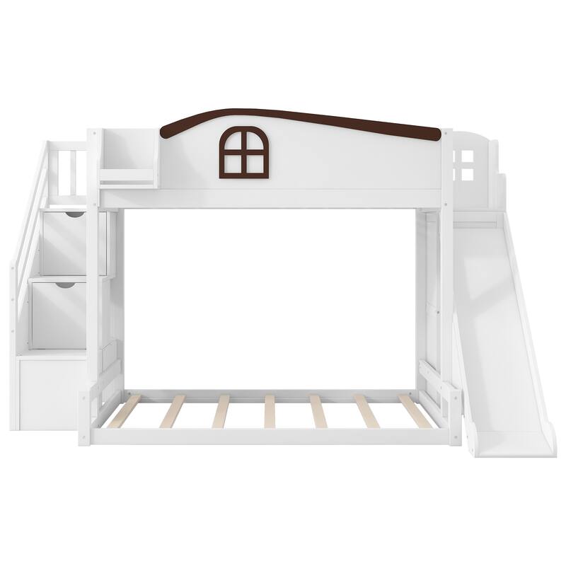 Roomfitters Twin Over Full Bunk Bed with Slide, Wardrobe and Storage Staircase