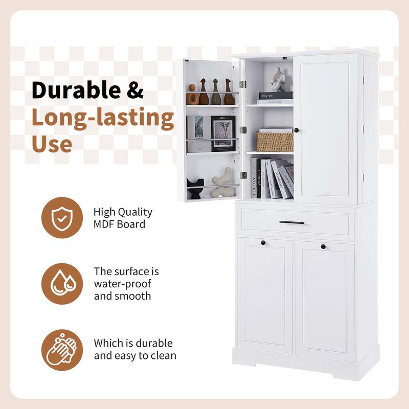 Freestanding Bathroom Storage Cabinet with Doors & Drawers, Tilt-Out Laundry Hamper, Adjustable Shelf, Multiple Storage Spaces