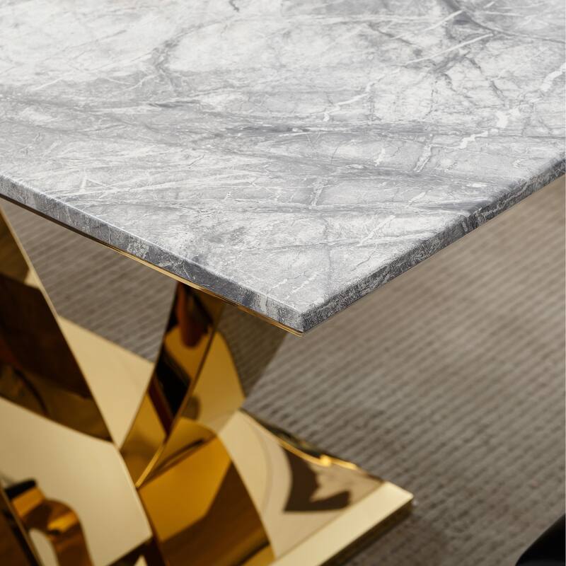 70'' Rectangle Faux Marble Dining Table with Mirrored Finish Stainless Steel Base - Grey+Gold