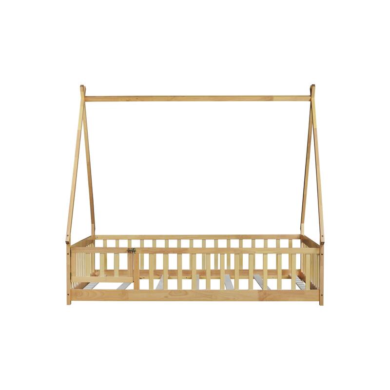Tent-Shaped Floor Bed, Wooden Kids Teepee Bed with Fence and Door