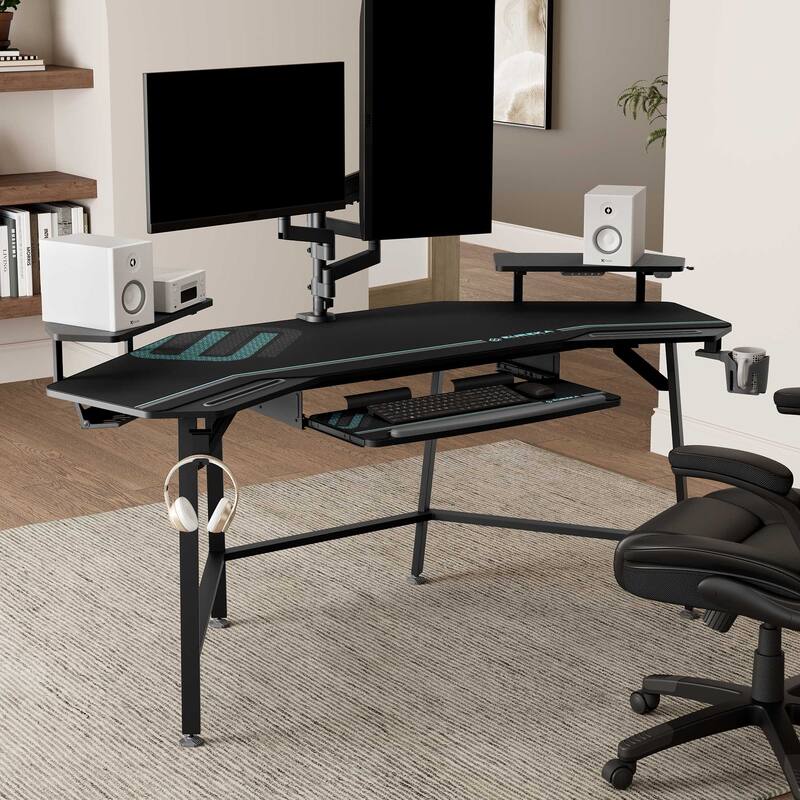 72" Large Gaming Desk Black Multifunctional Computer Desk with Keyboard Tray