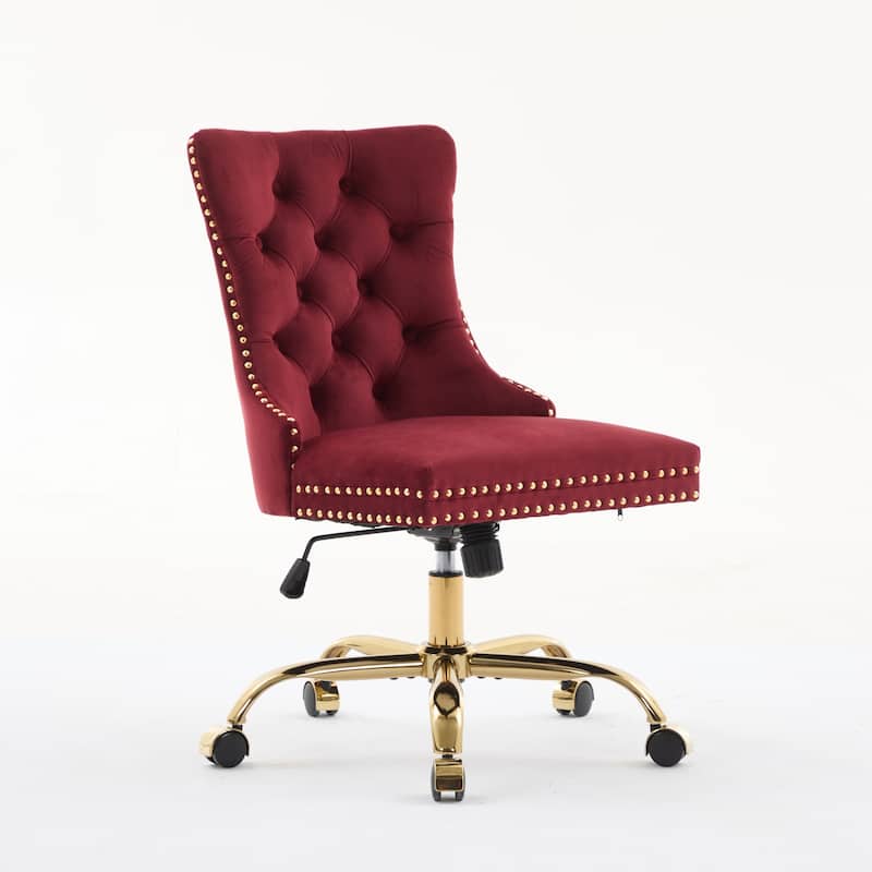 Velvet Swivel Office Chair with Wheels, Tufted Button Home Office Chair, Adjustable Vanity Chair with Metal Base