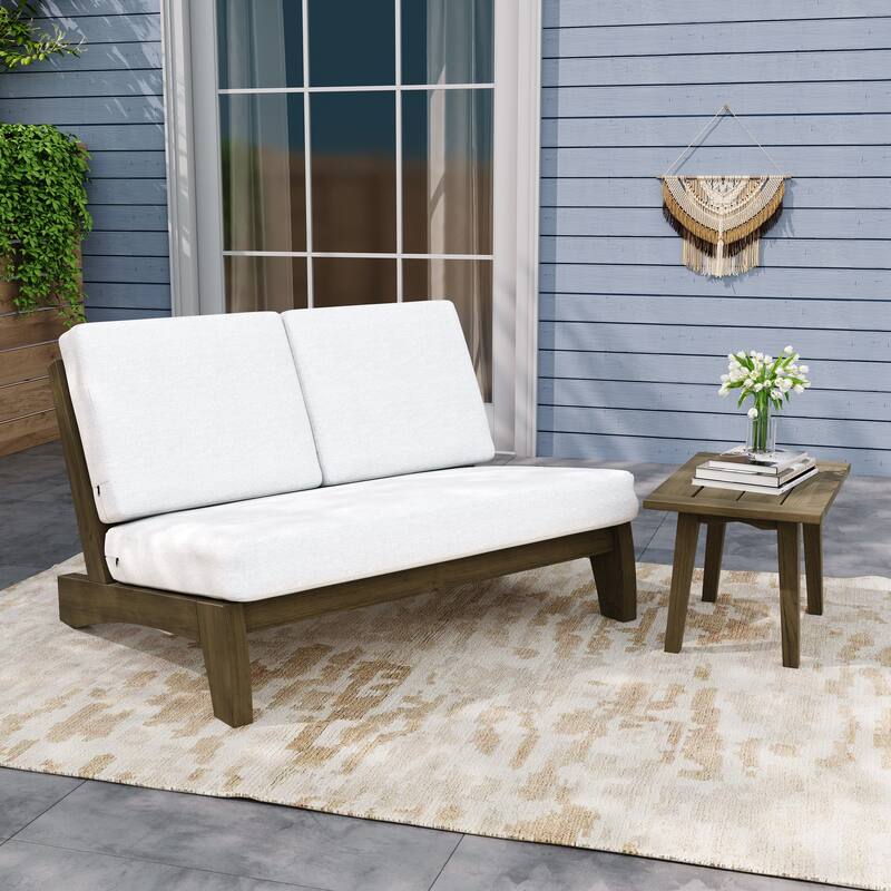 Outdoor Sectional Furniture Teak Conversation Set with Side Table - Brown Wood - Beige/Loveseat Separate
