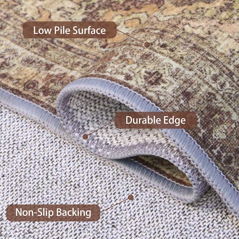 Mcow Vintage Floral Low-Pile Machine Washable Non-Slip Area Rug