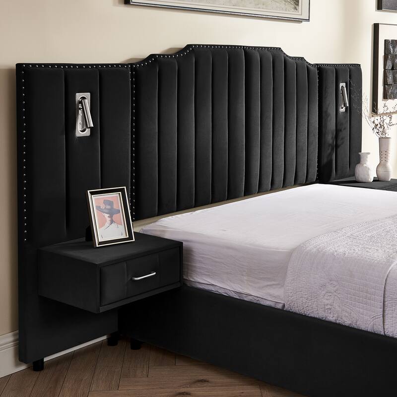 Queen Size Upholstered Bed Frame with Velvet Fabric, Vertical Stripe Design with Buttons Around Platform Bed