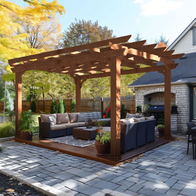 VEIKOUS Outdoor Cedar Wood Pergola Gazebo Kit with Flat Roof Trellis for Patio, Deck, Garden and Backyard - 10×12