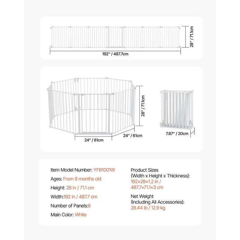 White Extra Wide Baby Gate for Stairs or Doorways 8 Panel Foldable Safety Barrier for Babies and Pets - 192"W