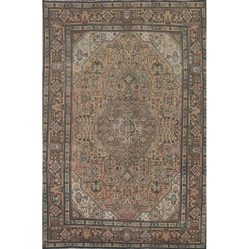 Geometric Tabriz Vintage Persian Area Rug Hand-Knotted Wool Carpet - 6'8" x 9'10"