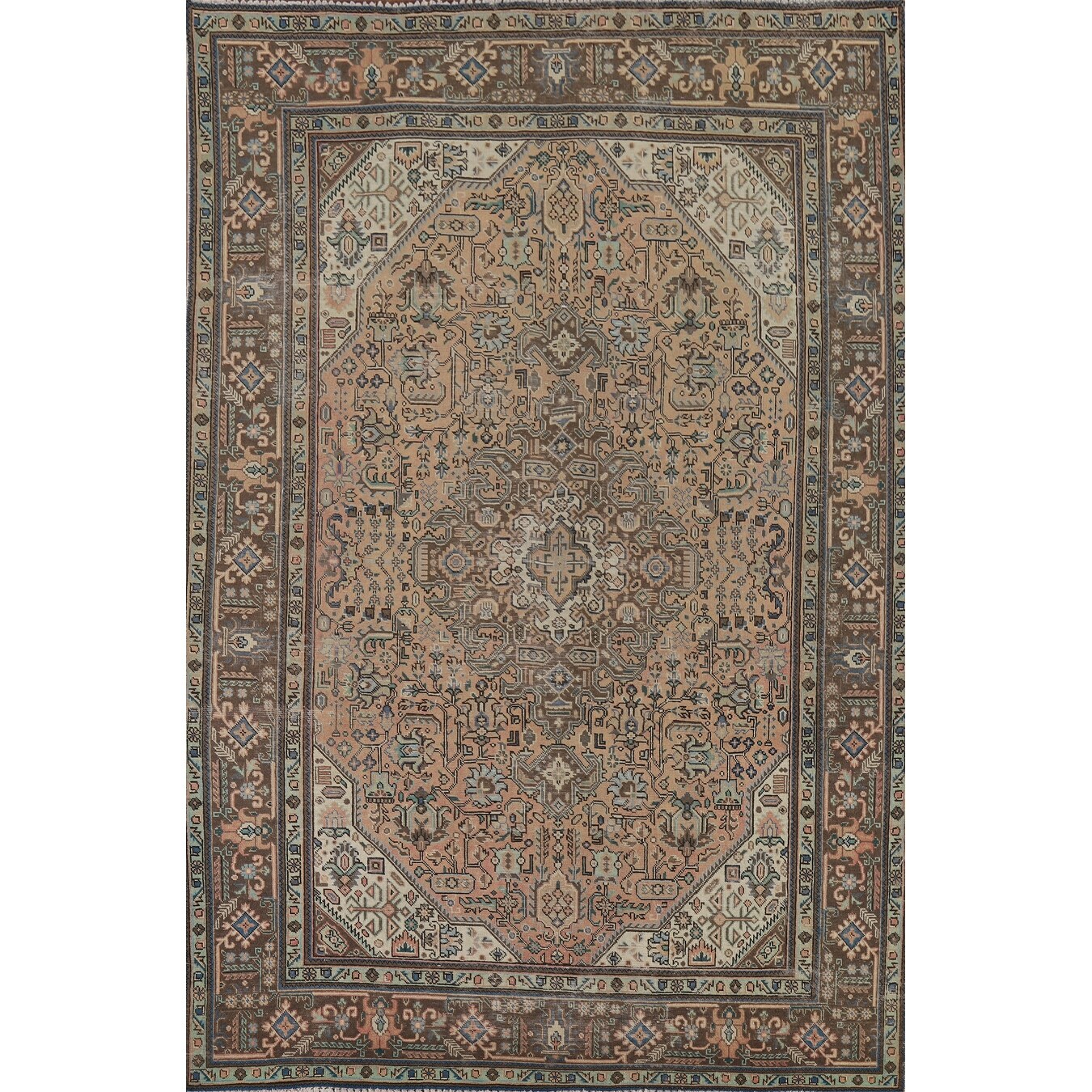 Geometric Tabriz Vintage Persian Area Rug Hand-Knotted Wool Carpet - 6'8" x 9'10"