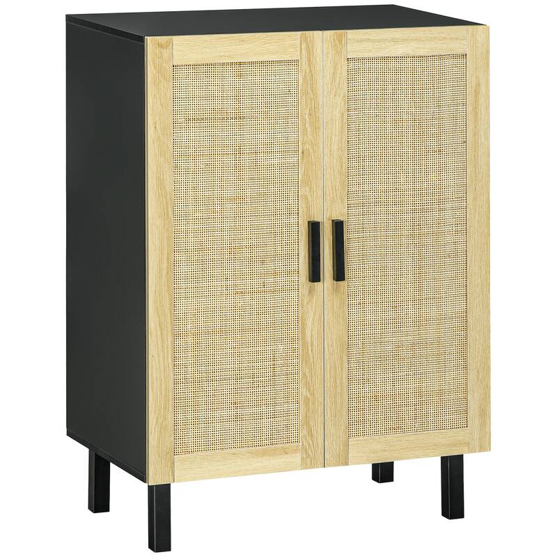Sideboard Buffet Cabinet with 2-Rattan Doors, Adjustable Shelves, Boho Kitchen Storage Cabinet for Living Room, Black & Natural