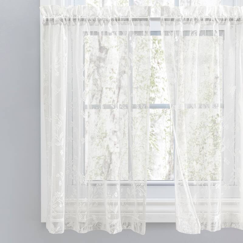 Isabella Lace Elegant Rod Pocket W Header Kitchen Curtains - Tier, Swag Pair and Tailored Valance (Sold Separately) - 52"W x 30"L Tier Pair - Natural
