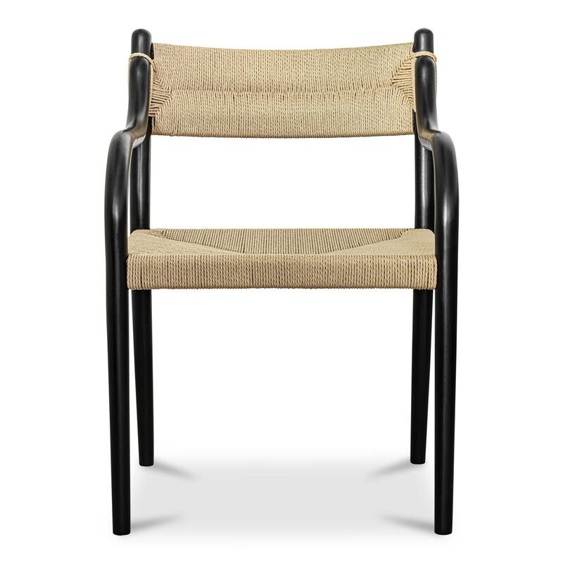 NADAAL STUDIOS Theren Dining Chair, Woven Paper Rope, Curved Arms, Solid Rubber Wood Frame, Black - Dining Height - Black - Single