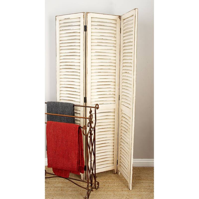 Cream Wood Hinged Foldable Partition 3 Panel Room Divider Screen with Horizontal Slats