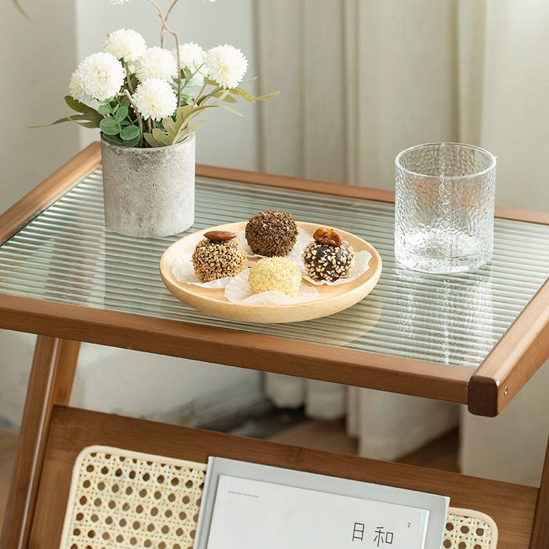 Rattan Nightstand Side Table, Bamboo Accent Bedside Tables, Glass Coffee Tables, Boho End Table with Storage