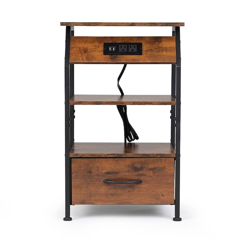 Vintage Nightstand with Charging Station, Remote Control LED Lights - Rustic Brown with LED