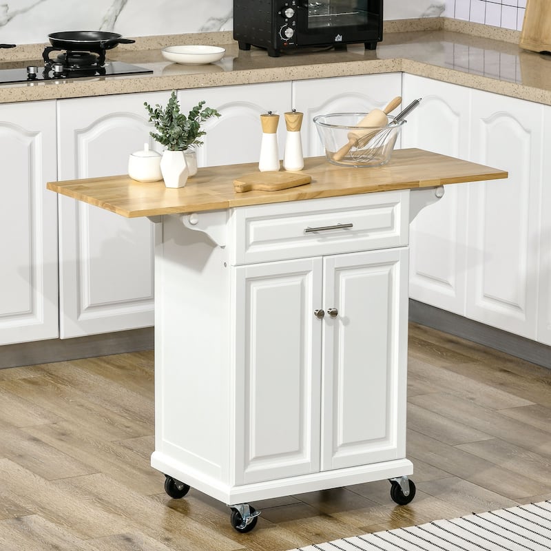 Modern Kitchen Island Drop Leaf Trolley Cart with Wheels 1 Drawer, 1 Door Cabinet and 2 Towel Racks, for Kitchen - White