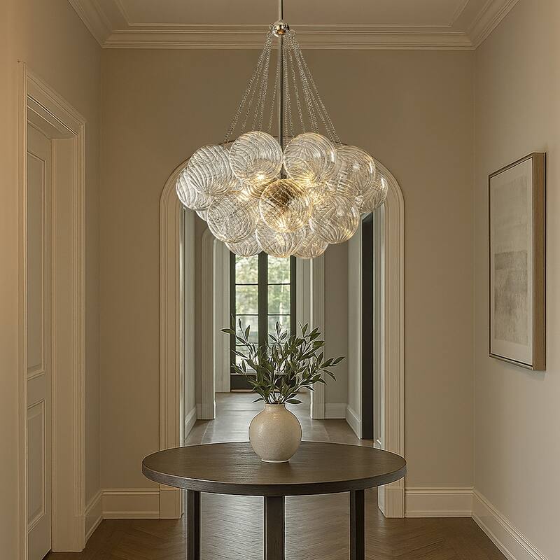 27'' Modern Glam Cluster Chandelier 6 Lights Pendant with Hand Blown Textured Glass Globes And Chrome Finish for Dining Room