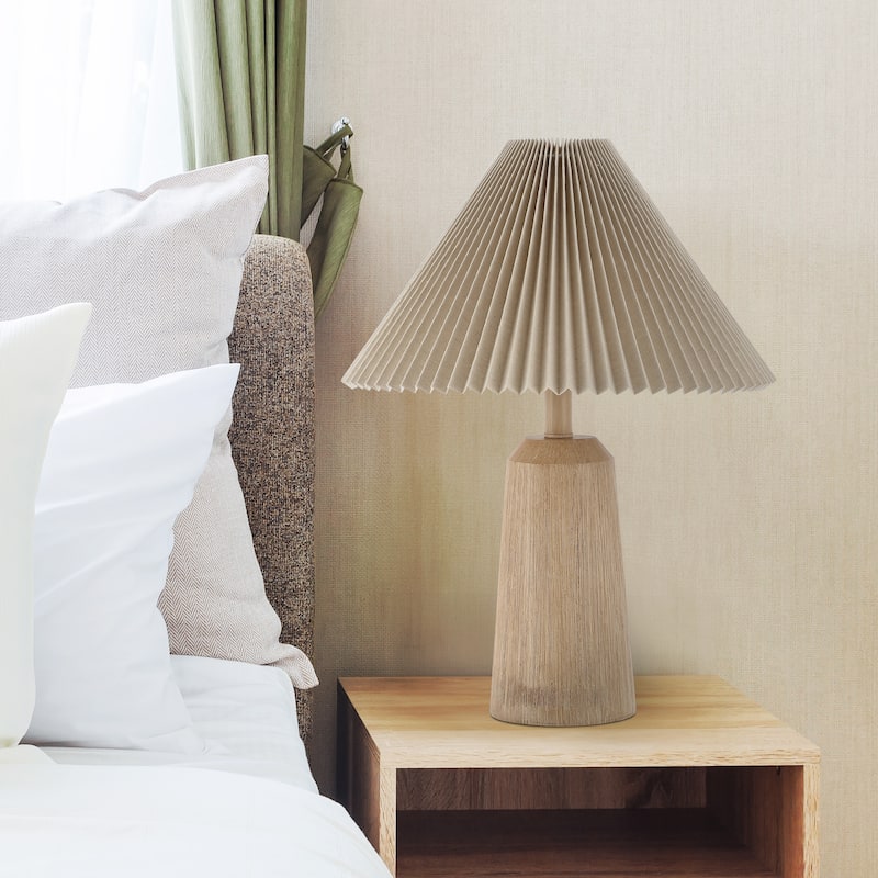 Giulia 20.5" Rustic Scandinavian Resin/Iron Lighthouse LED Table Lamp with Pleated Shade, Beige Wood Finish by JONATHAN Y