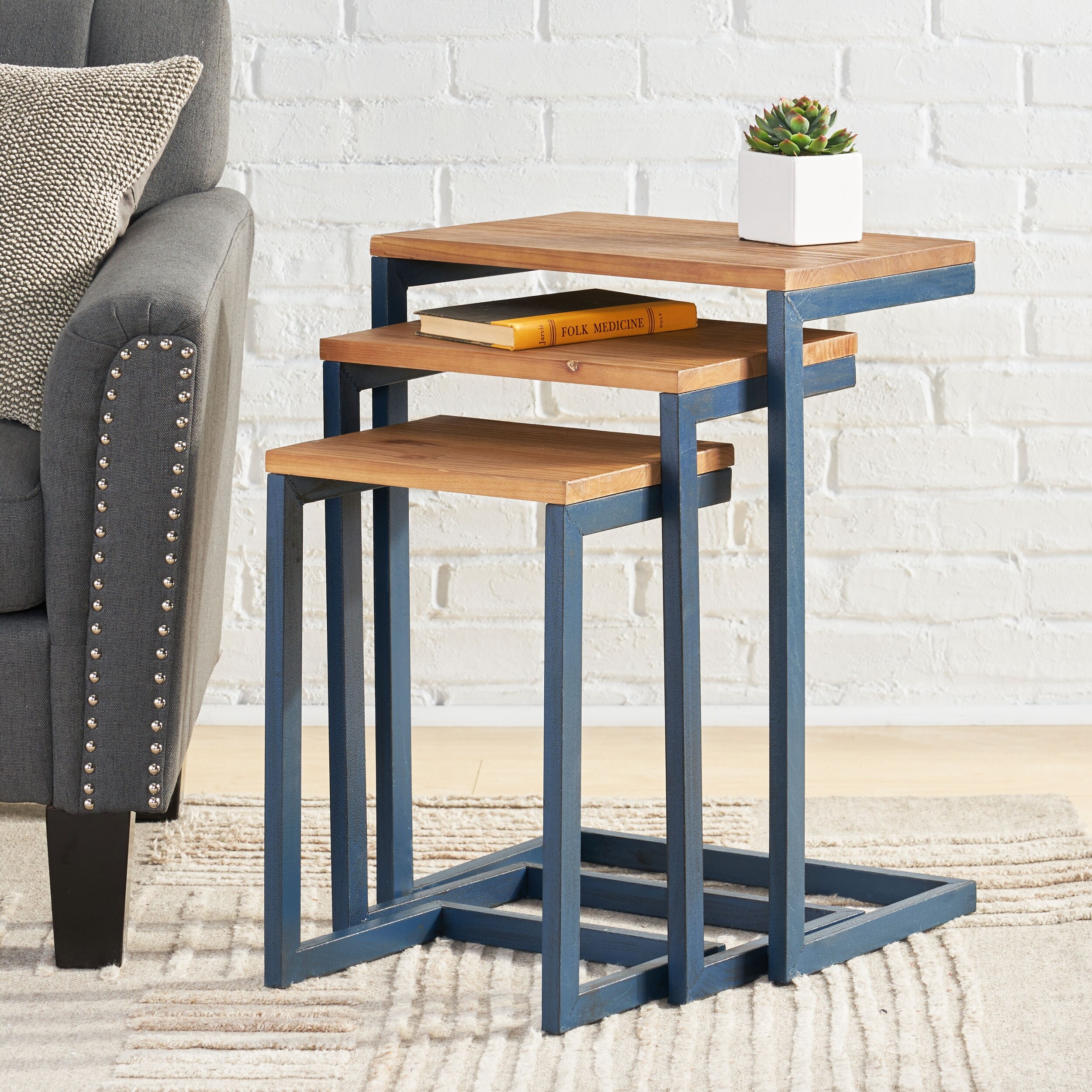 Nesting Coffee Table Set of 3 Stackable Rectangular End Table C shaped Accent Table Metal Frame Sofa Side Tables Brown