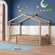 preview thumbnail 2 of 7, Twin Size Wood Bed House Bed Frame with Roof Fence and Guardrail, Gray