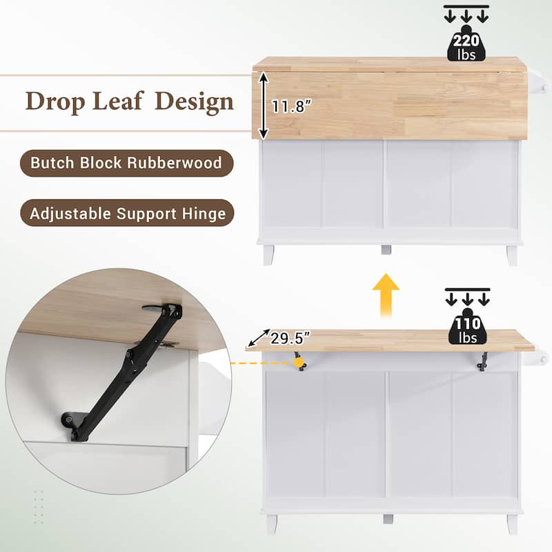 Roomfitters Farmhouse Kitchen Island Set with Drop Leaf, Storage Cabinet, Towel Rack and Seating