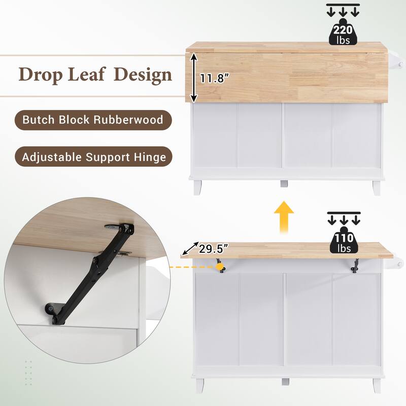 TOPMAX Kitchen Island Set with Drop Leaf and 2 Seatings, Dining Table Set with Adjustable Shelf, Drawers and Towel Rack