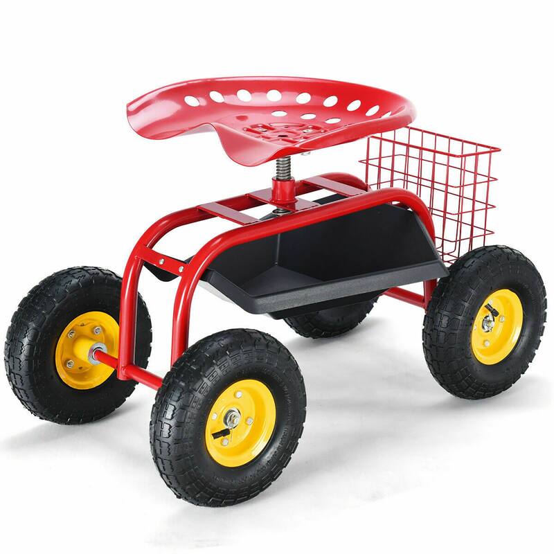 Garden Cart with Rolling Seat & Tool Tray for Lawn Care Gardening - Red
