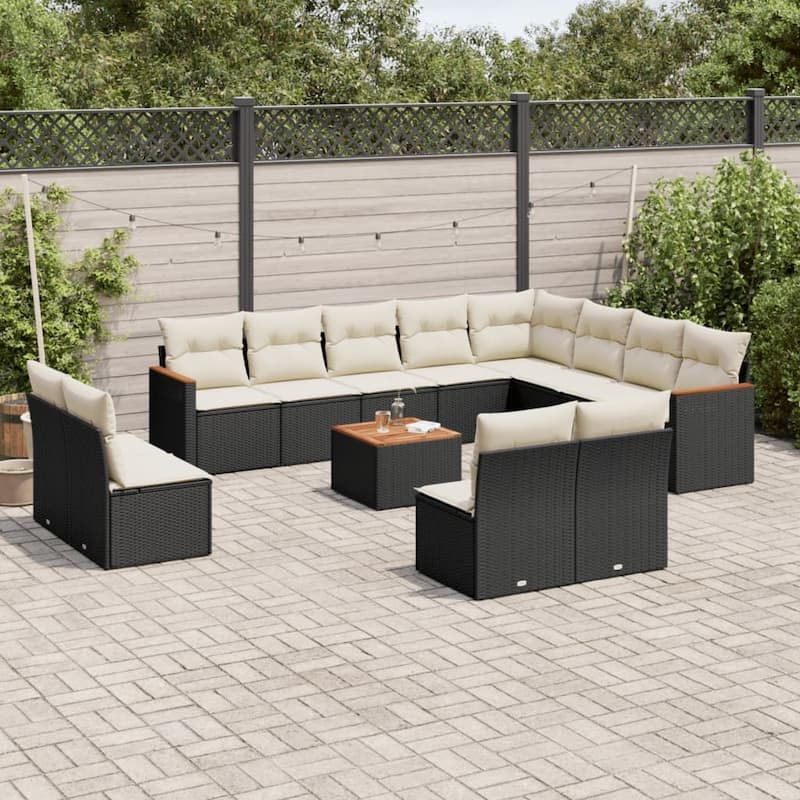 vidaXL Patio Sofa Set with Cushions Outdoor Conversation Furniture Poly Rattan - 24.4 x 24.4 x 27.2 in - Black and cream with table