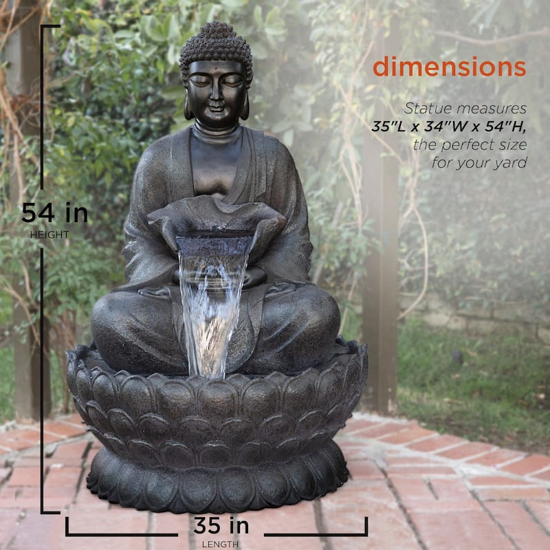 Alpine Corporation WIN1170 Outdoor Floor Calming Buddha Statue Waterfall Fountain with Realistic Stone Look, 53", Gray