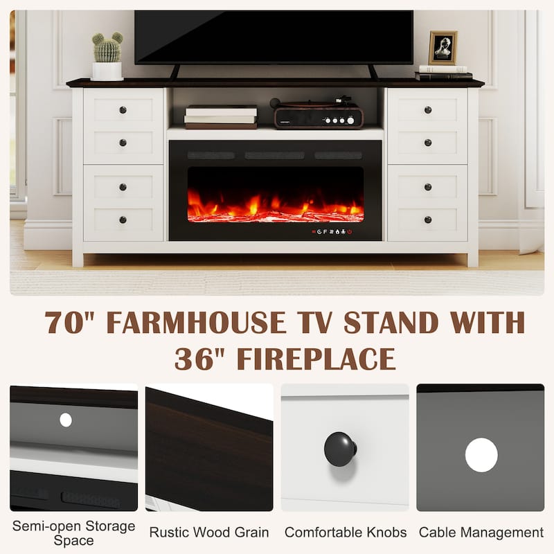 70" Modern Fireplace TV Stand for 80" TVs, Solid Wood Media Console with 36" Electric Fireplace & Storage Drawers