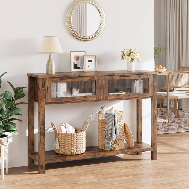 Entryway Table, Wood Console Table with 2 Glass Drawers - Brown