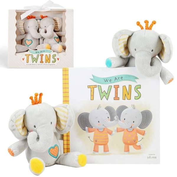 slide 2 of 6, We are Twins, Baby and Toddler Twin Gift Set, Keepsake Book and Set of 2 Plush Elephant Rattles for Boys and Girls