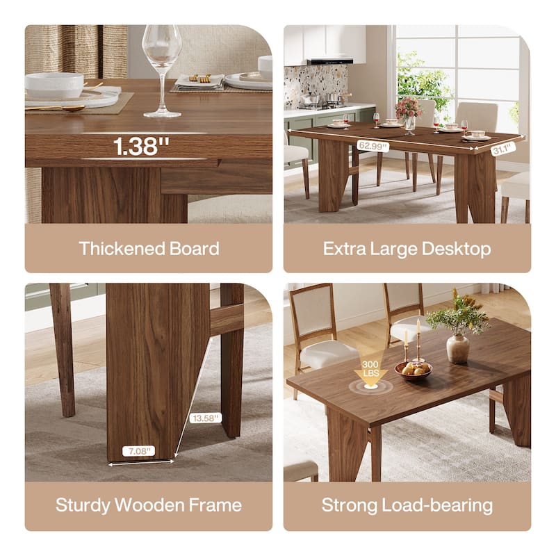 63" Dining Table for 4-6, Farmhouse Rectangular Kitchen Table - N/A