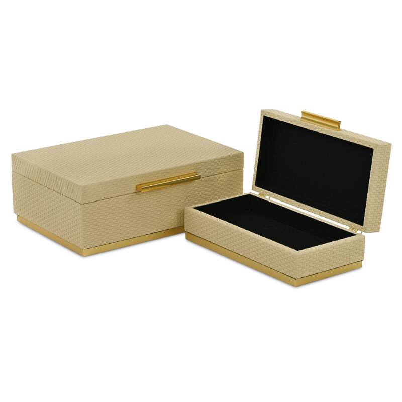 Tamsin Set of 2 Rectangular Decorative Storage Boxes - Wicker Weave Pattern with Gold Hardware