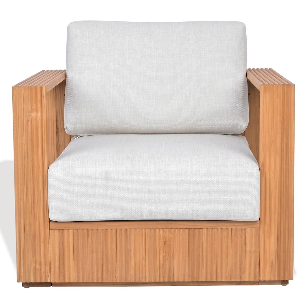 SAFAVIEH Couture Saint Lucia Reeded Teak Wood Patio Chair - 32"W x 30"D x 24"H