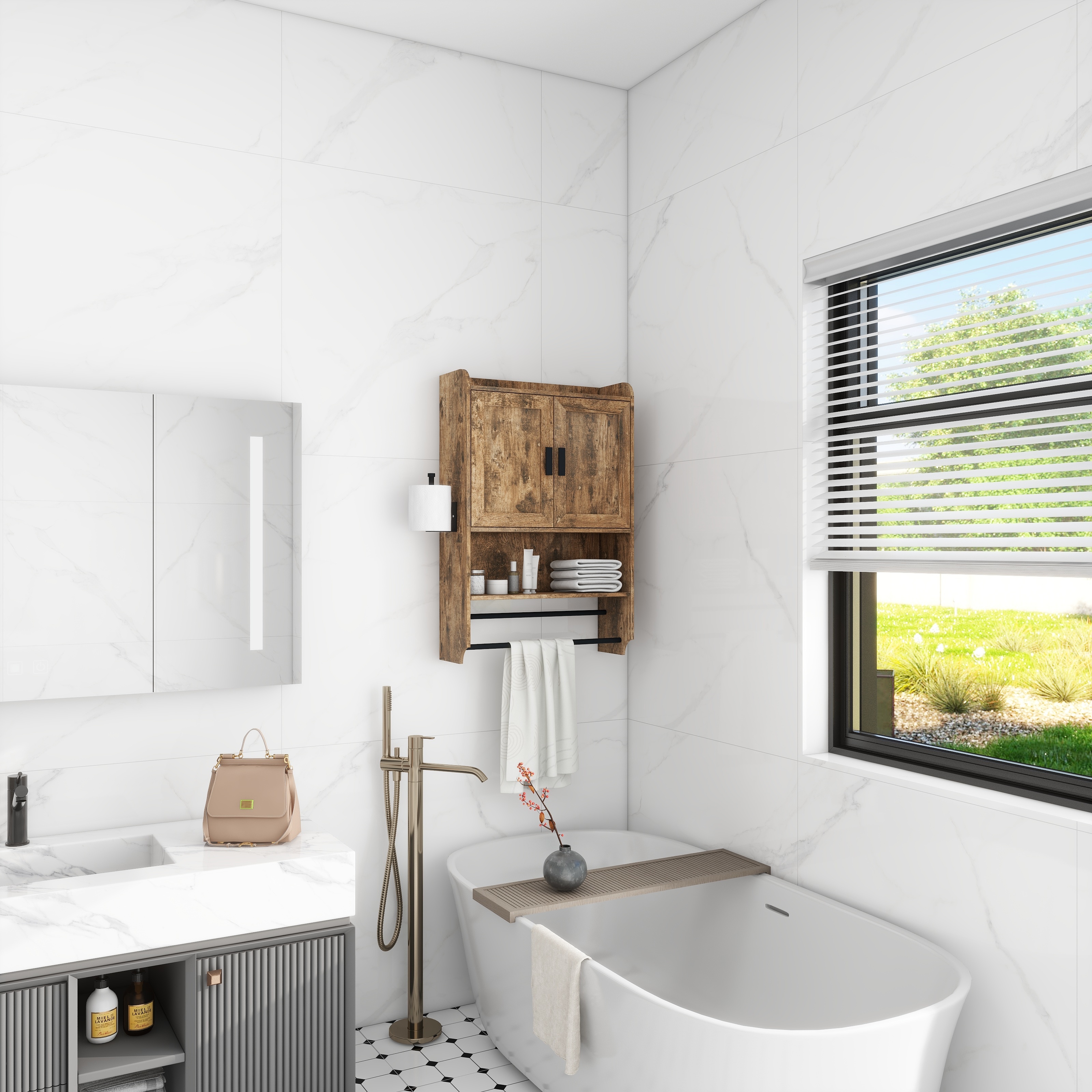 22 Over The Toilet Storage Cabinet Wood Bathroom Medicine Cabinet with Adjustable Shelf Towel Bar and Papear Holde Bed Bath Beyond 40166570