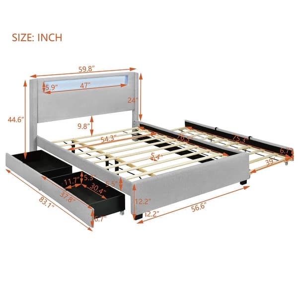 Teddy Fleece Upholstered Wingback Bed Frame wPull-out Trundle Bed, LED Light Bars and 2 Drawers, Modern Platform Bed for Bedroom
