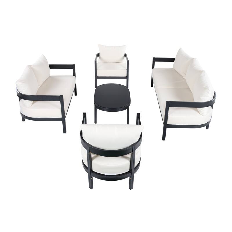 Christopher Knight Home - Modern 5-Piece Outdoor Aluminum Patio Conversation Set with Oval Glass Coffee Table & Cushions