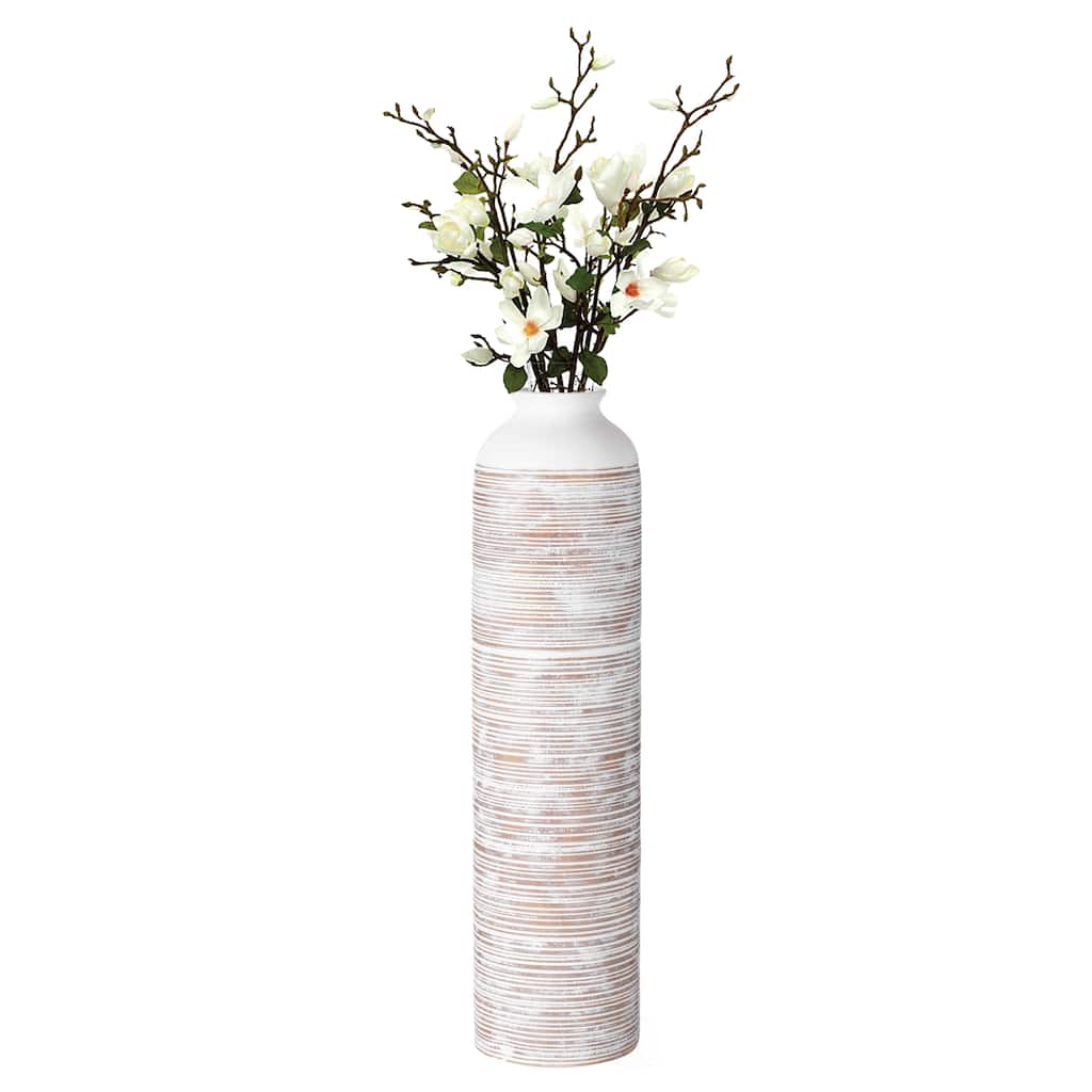 Contemporary Floor Vase - Ribbed 20-Inch-Tall Trumpet Style Ceramic White Table Vase - Modern Home Decor Accent for Entryway
