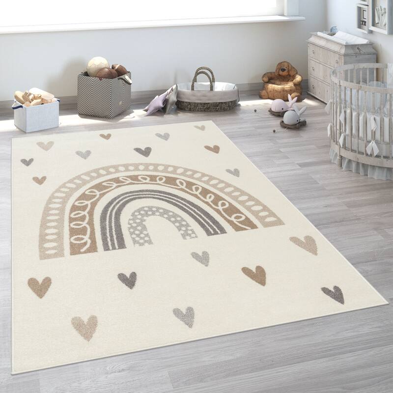 Kids Rug with Rainbow and Hearts in Pastel Colors