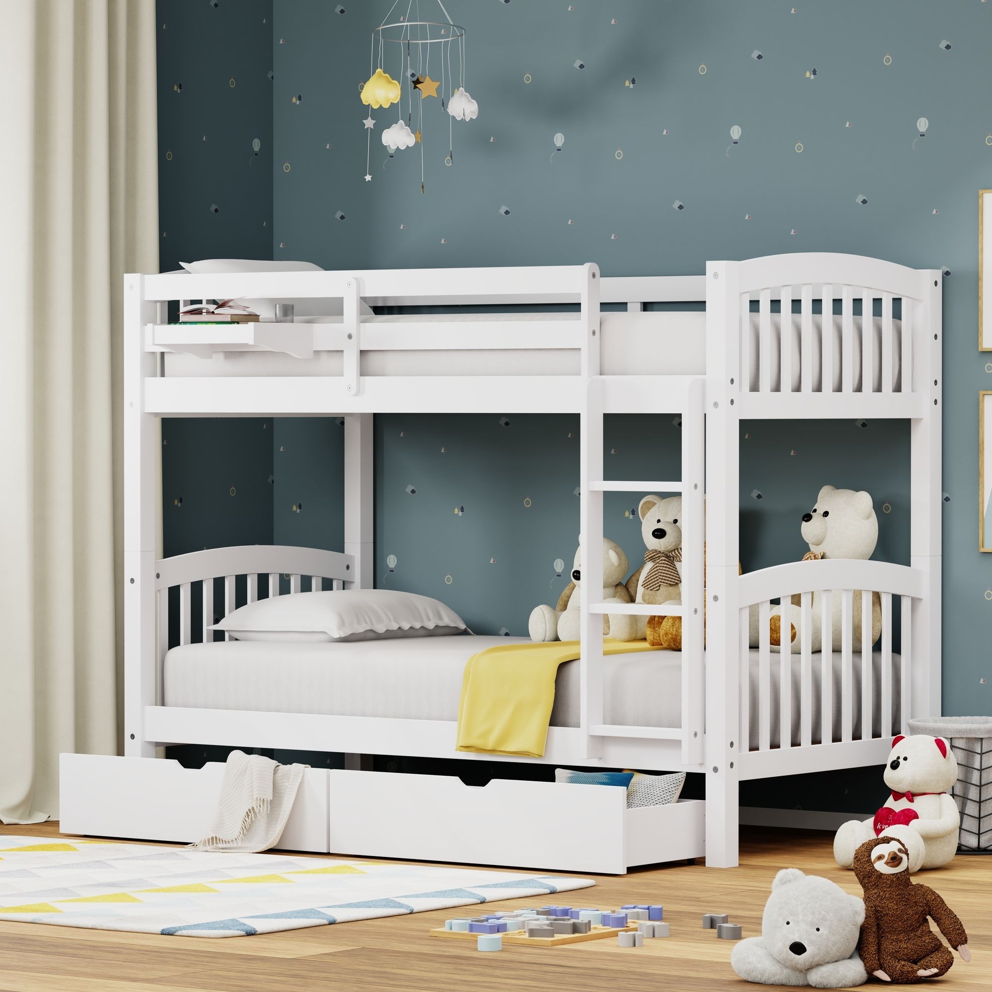 Arca Wood Bunk Bed, Hanging Nightstand, and Storage Drawers