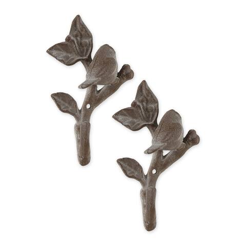Accent Plus Decorative Cast Iron Birds w/ Leaves Wall Hooks - Set of 2 - 4"Lx1.5"Wx6.5"H