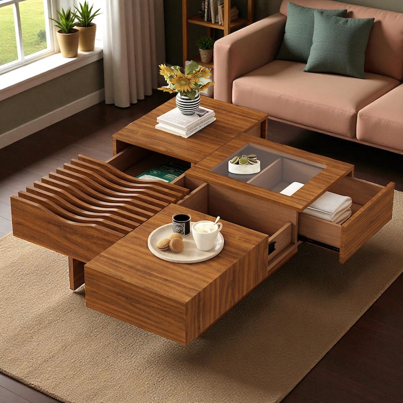 33'' Mid-Century Modern Square Coffee Table with 3 Drawers, Tempered Glass Top, Solid Wood Legs for Living Room