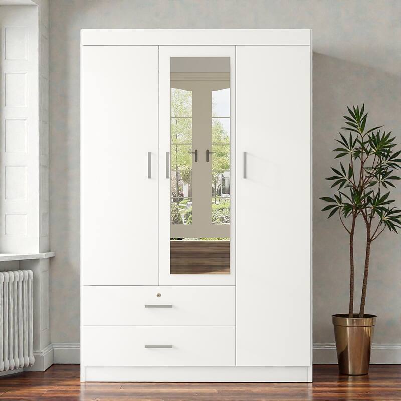 3 Door Wardrobe with Mirror and Shelves, MDF Bedroom Armoire with Lockable Drawer and Storage Drawers - White