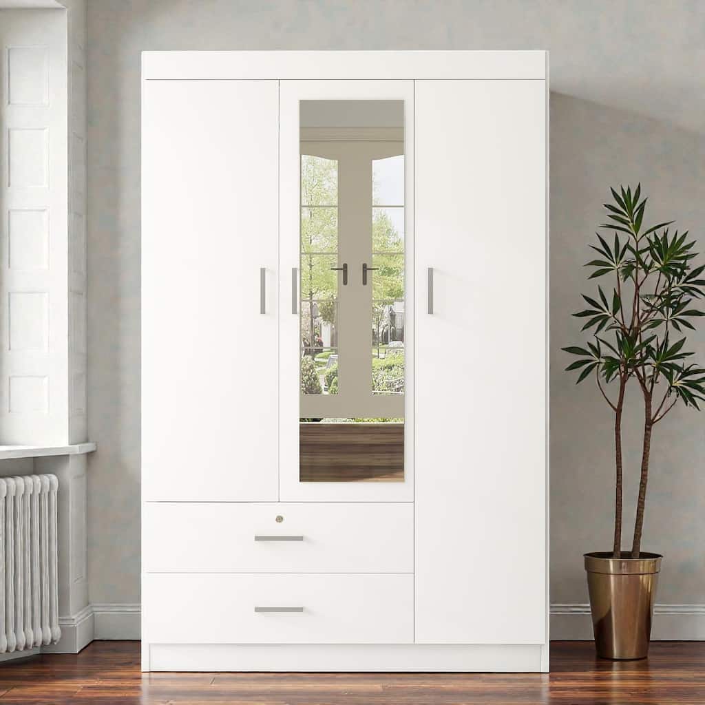 3 Door Wardrobe with Mirror and Shelves, MDF Bedroom Armoire with Lockable Drawer and Storage Drawers